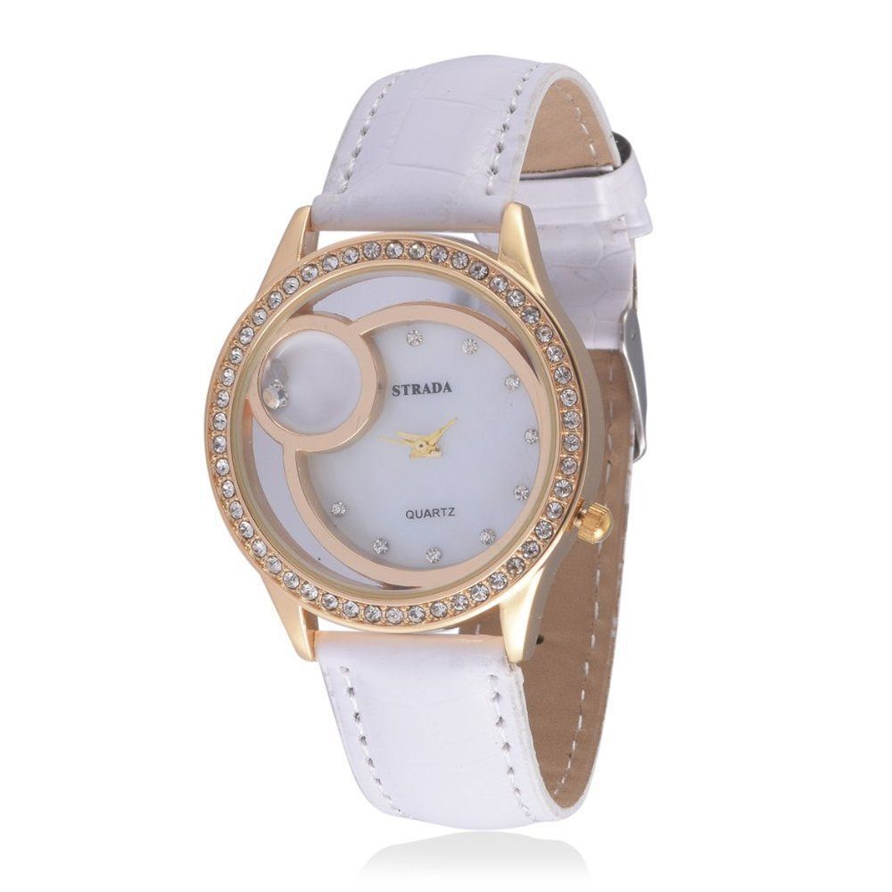STRADA Watch White Austrian Crystal YG Plated